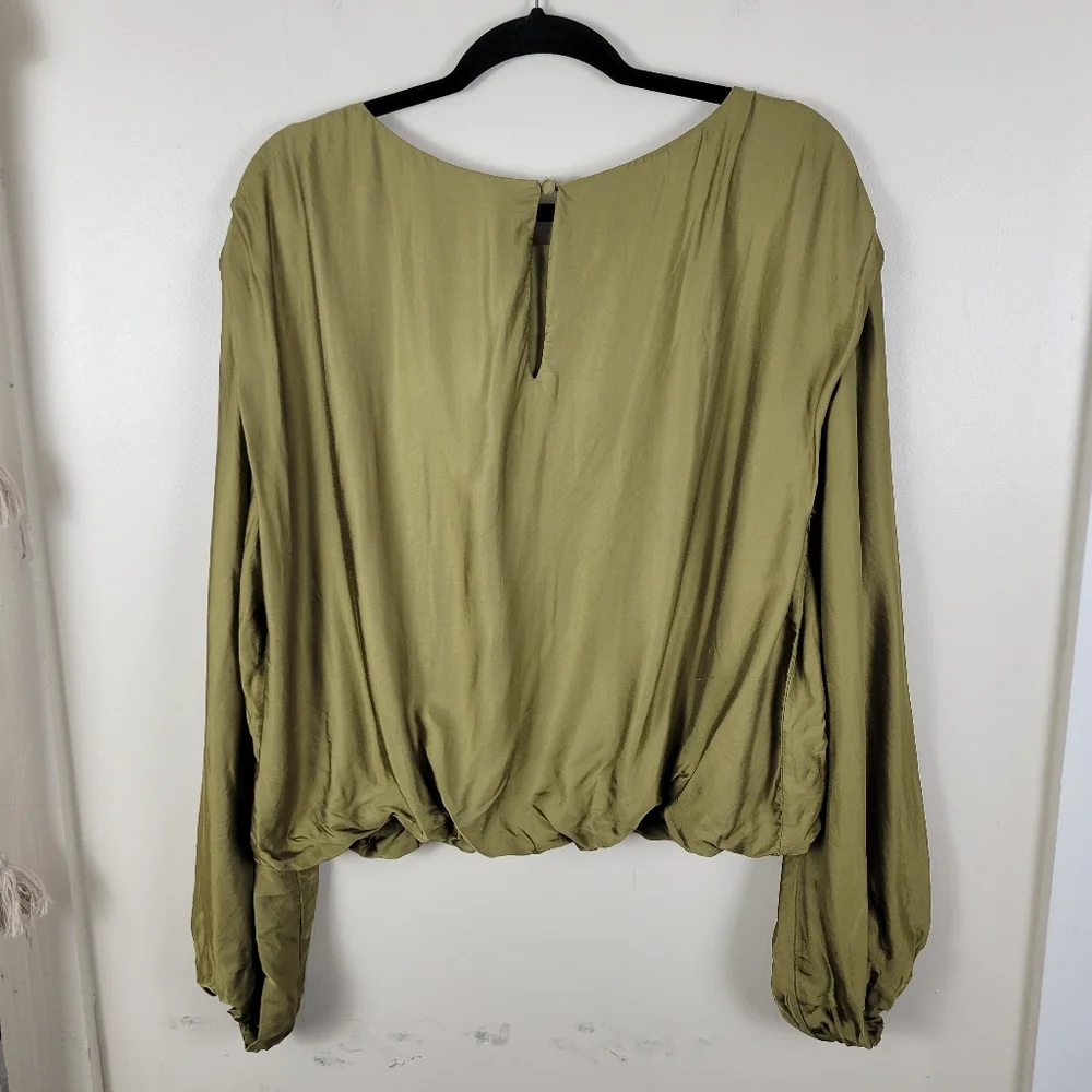 By Anthropologie Olive Green Balloon Sleeve Silky Blouse Top